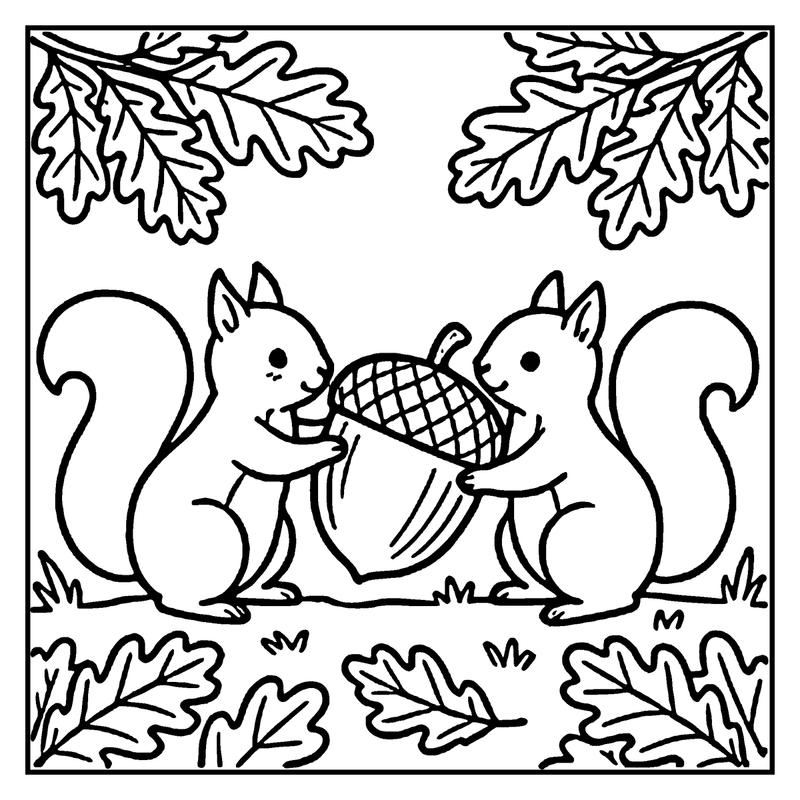 Two squirrels holding acorns in a forest setting with oak leaves, a fall coloring page