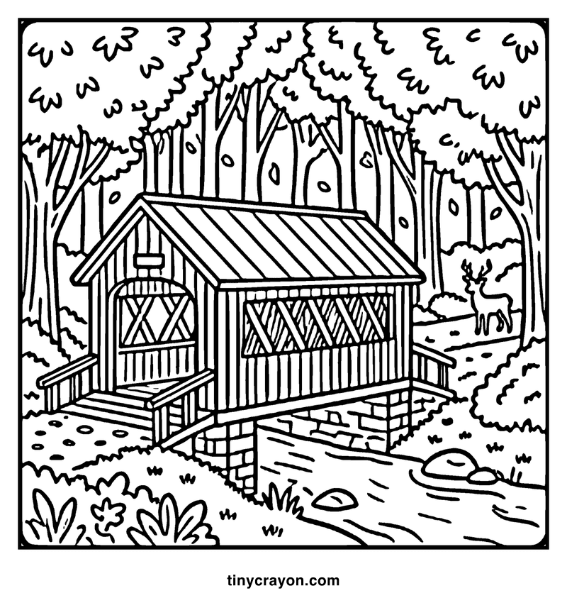 A wooden cabin sits by a river, surrounded by trees and a deer in the background, a fall coloring page