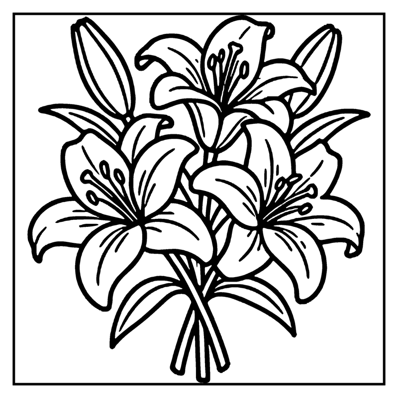 A bouquet of lilies in black and white, with detailed petals and leaves, a flower coloring page