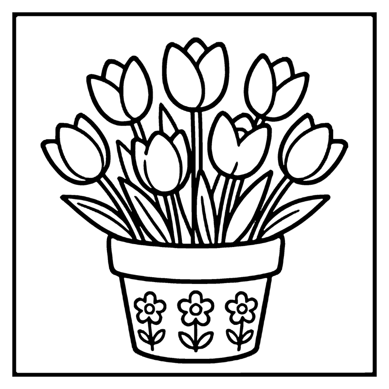 A bouquet of tulips in a pot with floral patterns, a flower coloring page