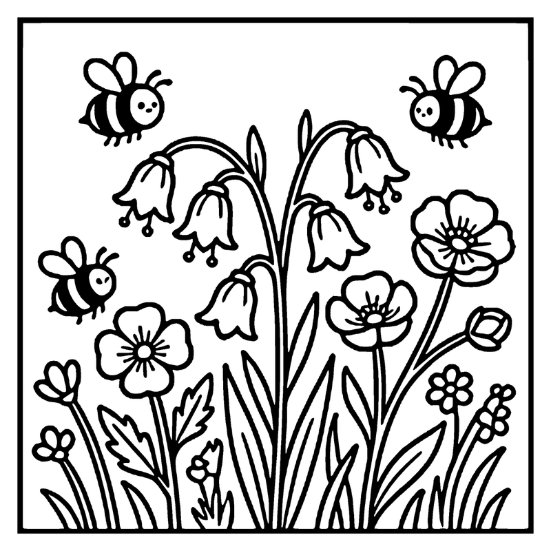 A children's coloring page drawing depicts three bees hovering around flowers in a garden setting
