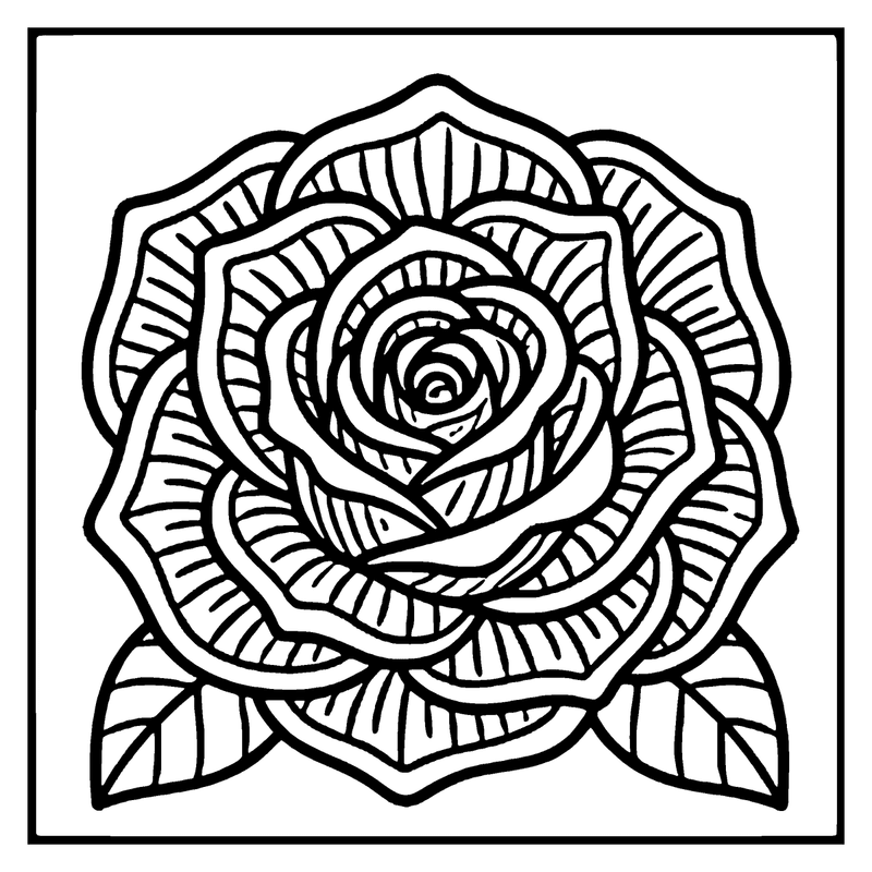 A detailed rose with intricate patterns and leaves in a square frame, a flower coloring page