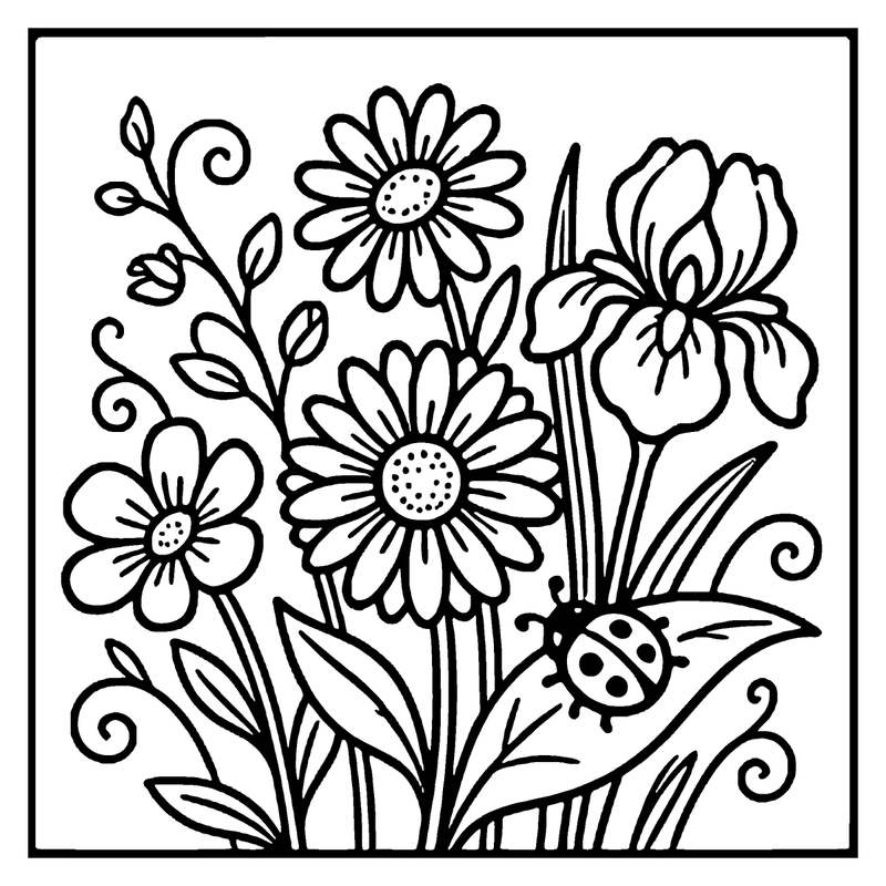 A ladybug sits among flowers, surrounded by leaves and stems, ready to be colored
