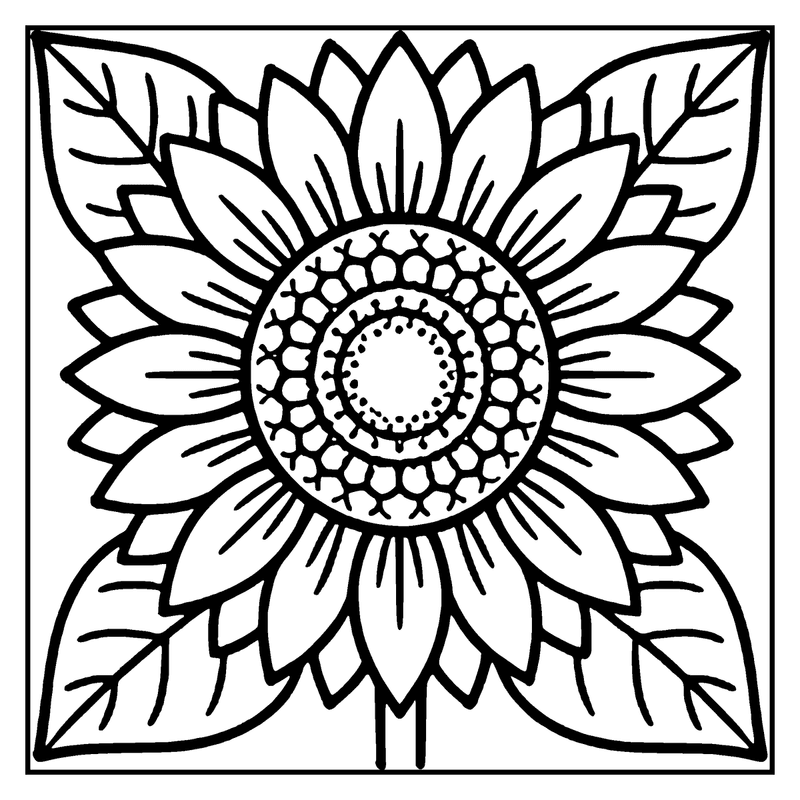 A sunflower with a detailed center and large, leafy petals