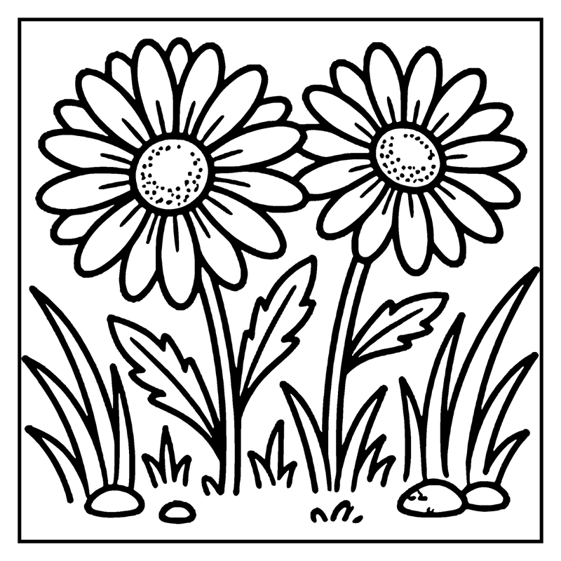 Two daisies with a center of small dots and leaves in the grass, a flower coloring page