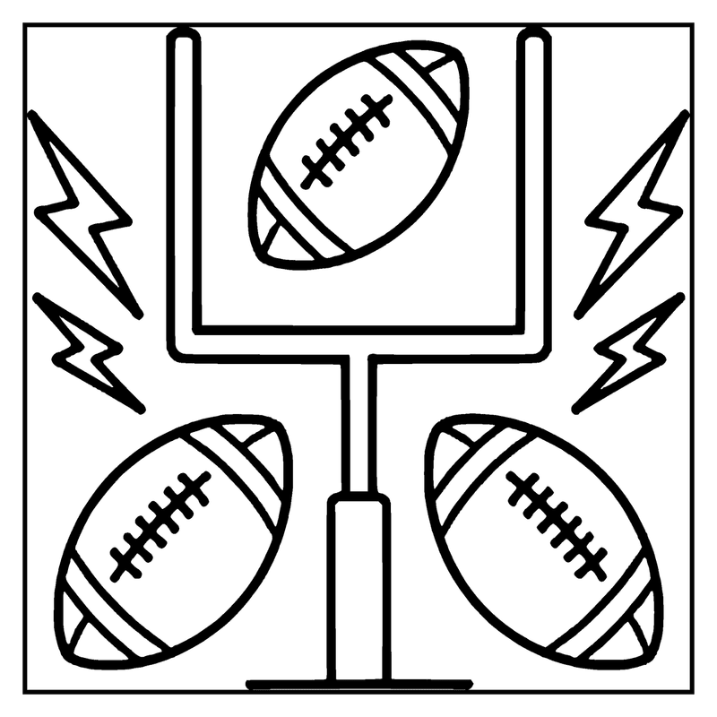 American football game with a goal post, lightning bolts, and three footballs, a football coloring page