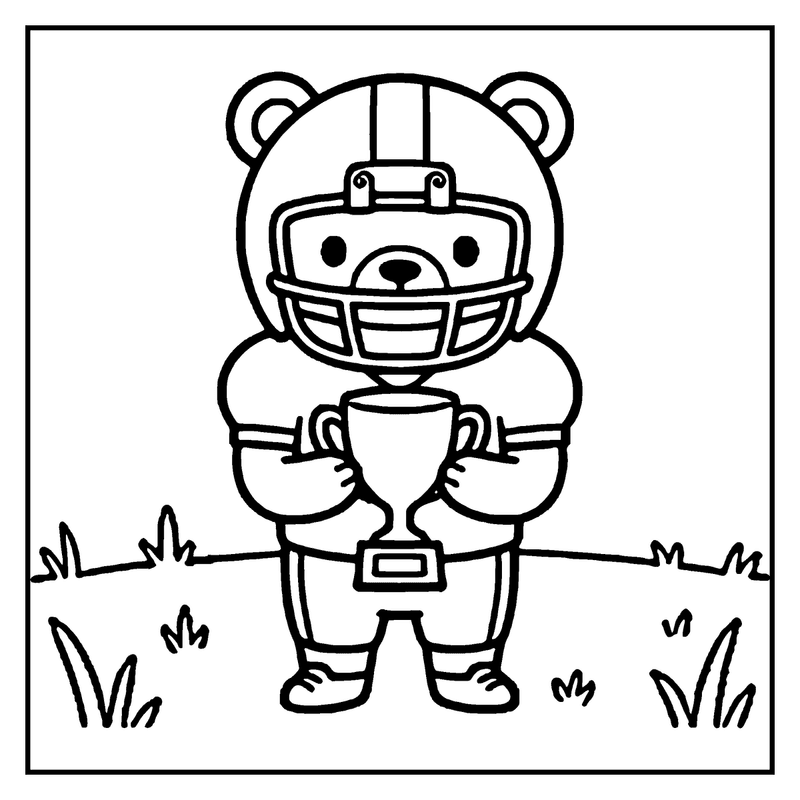 A bear wearing a football helmet and holding a trophy stands on a grassy field, a football coloring page