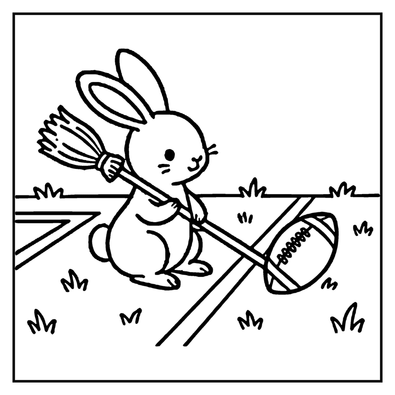 A bunny is pulling a football with a broomstick in a grassy field, a football coloring page