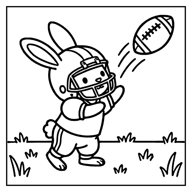 A bunny wearing a football helmet and uniform is about to kick a football in a grassy field, a football coloring page