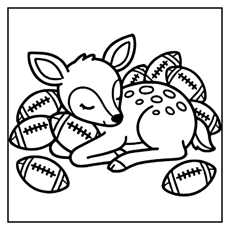 A cute deer is sleeping with footballs around it, wearing a football-themed scarf, a football coloring page
