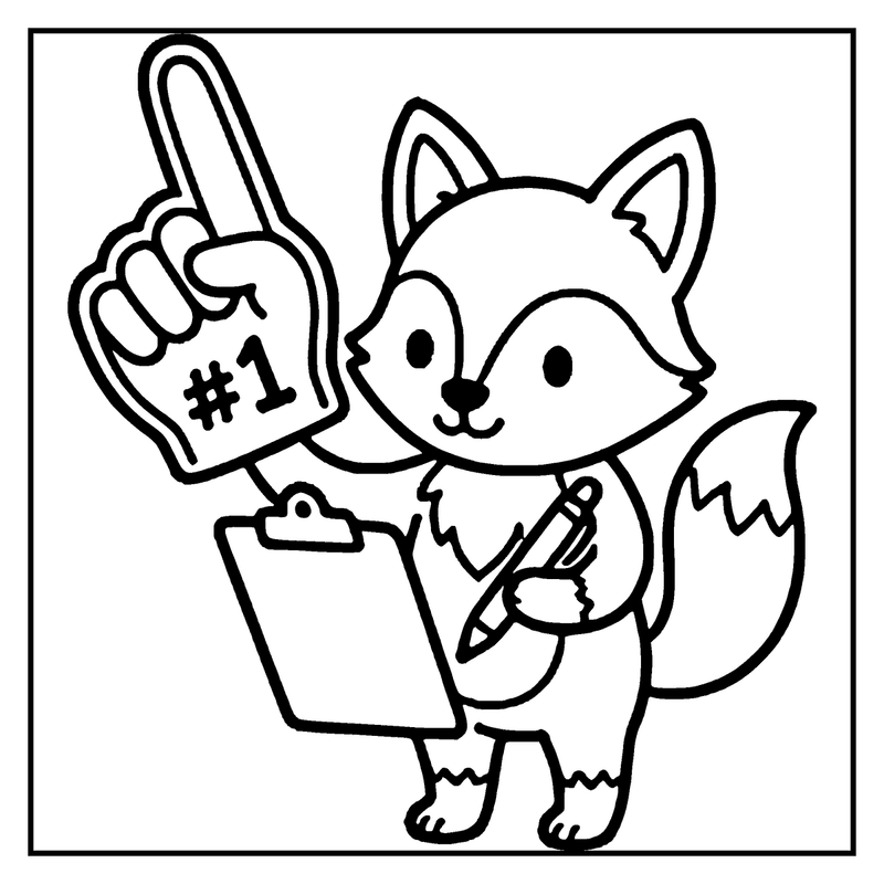 A cute fox character is holding a foam finger with the number 1 and a clipboard with a pencil, ready to cheer or present, a football coloring page