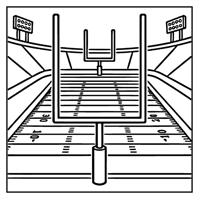 A football field with goalposts, yard lines, and stadium lights, a football coloring page