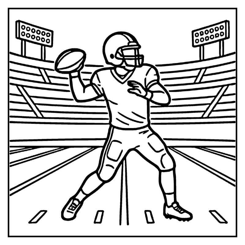 A football player is about to throw a ball on a field with stadium lights, a football coloring page