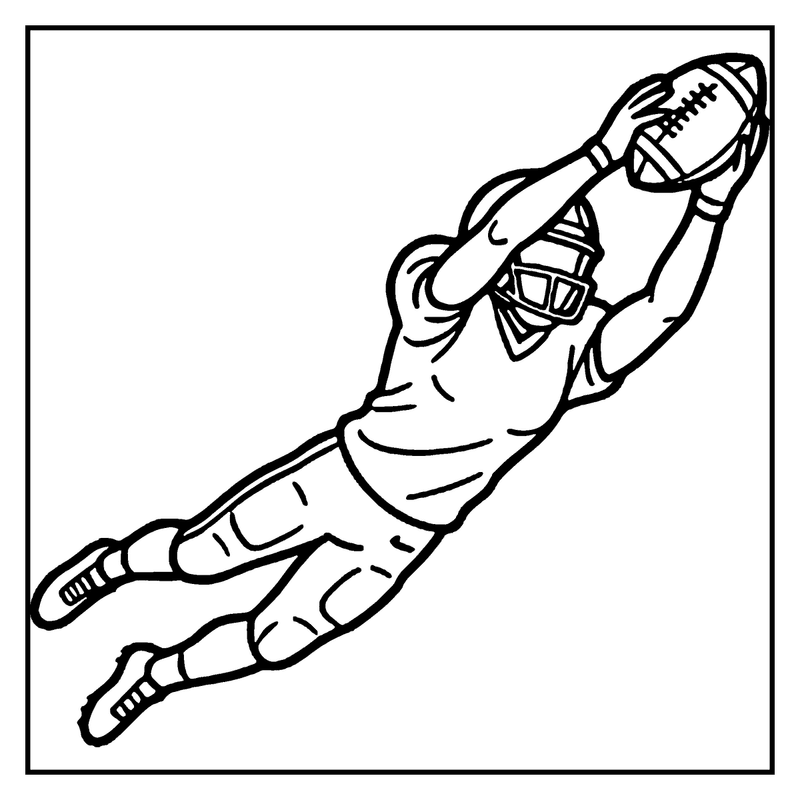 A football player is catching a ball in mid-air, wearing a helmet and pads, a football coloring page