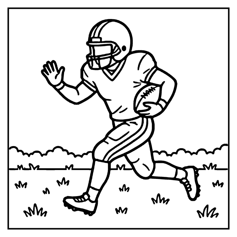 A football player runs with the ball, wearing a helmet and uniform, on a grassy field, a football coloring page