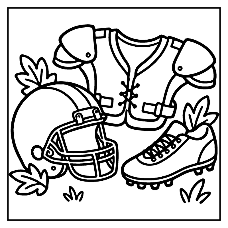 A football player's gear, including a helmet, jersey, and cleats, is depicted in black and white, a football coloring page