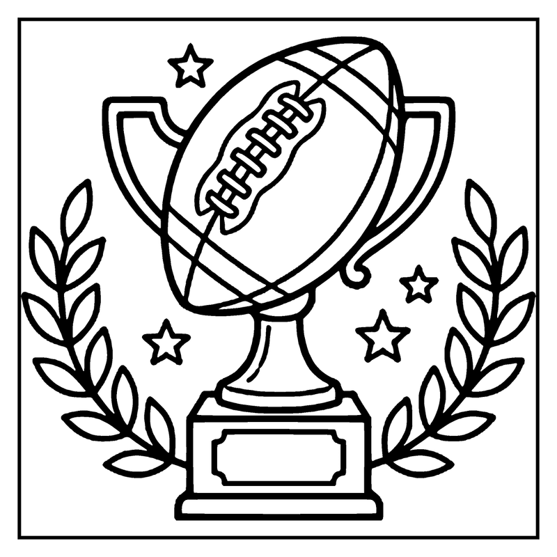 A football trophy with a football on top, surrounded by laurel leaves and stars, a football coloring page