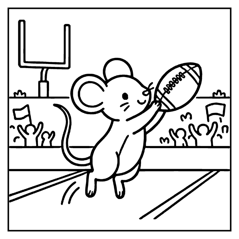 A mouse is catching a football in a football field with a goal post and cheering fans, a football coloring page