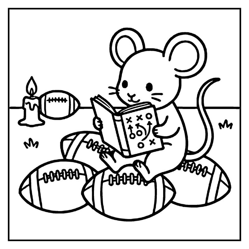 A mouse is reading a book with footballs and a candle nearby, a football coloring page
