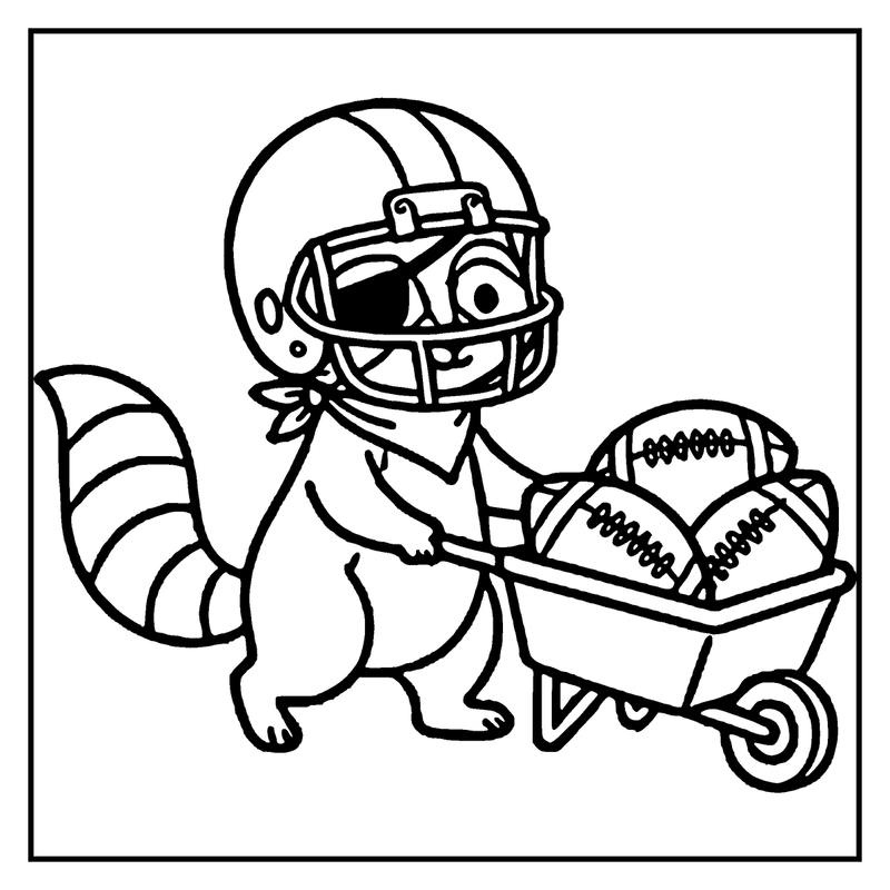 Raccoon in football gear pushing a wheelbarrow full of footballs, a football coloring page