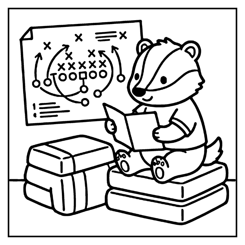 A raccoon sits on books, reading a paper with a football strategy diagram, a football coloring page