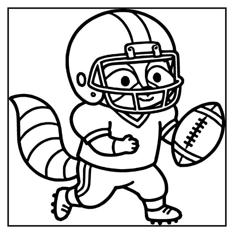 A raccoon wearing a football helmet and holding a ball, ready to play, a football coloring page