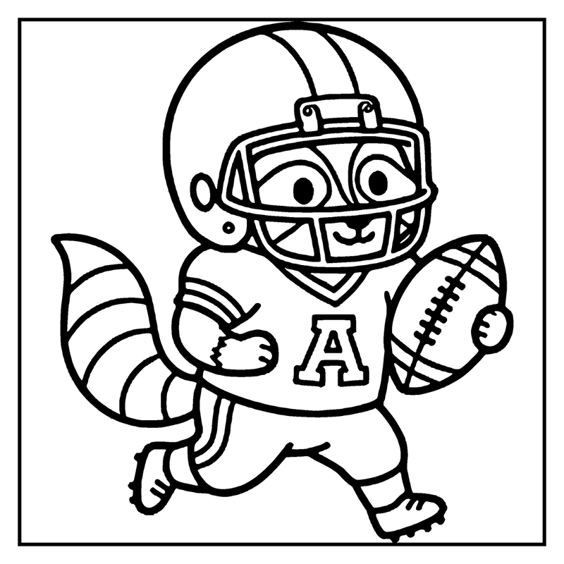 A raccoon wearing a football helmet and holding a ball, running, a football coloring page