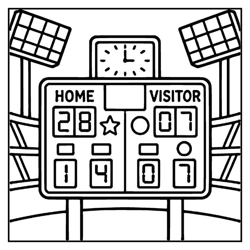 A scoreboard shows a home team with 28 points and a visitor team with 7 points, surrounded by stadium lights, a football coloring page