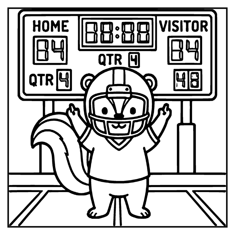 A skunk wearing a football helmet is cheering in front of a scoreboard showing a tied game, a football coloring page