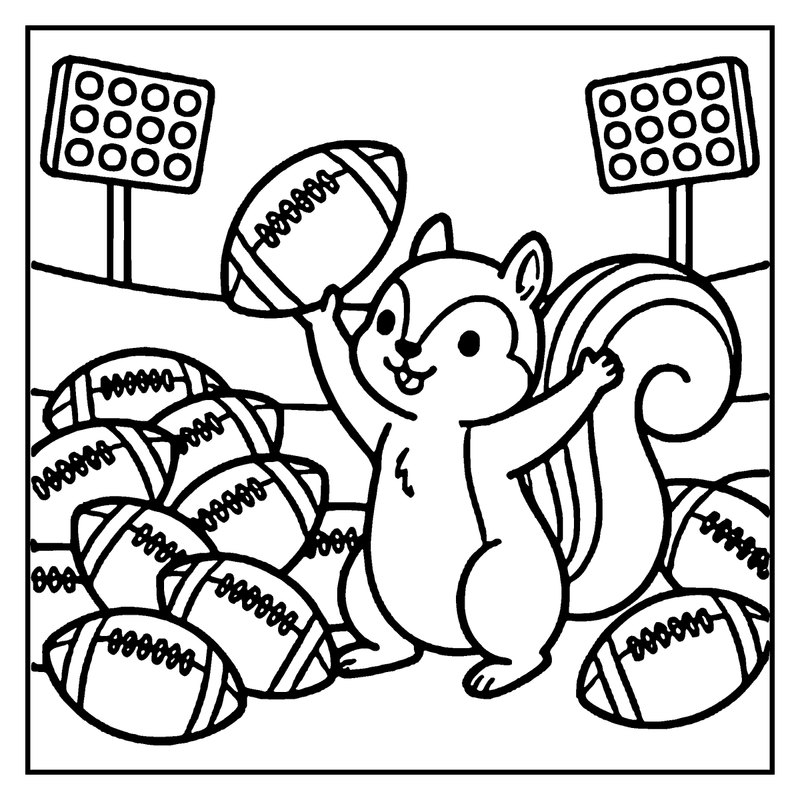A squirrel is holding a football in a stadium with lights and other footballs around, a football coloring page