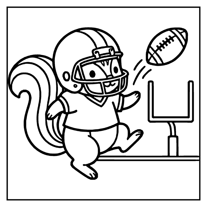 A squirrel wearing a football helmet is kicking a football towards a goal post, a football coloring page