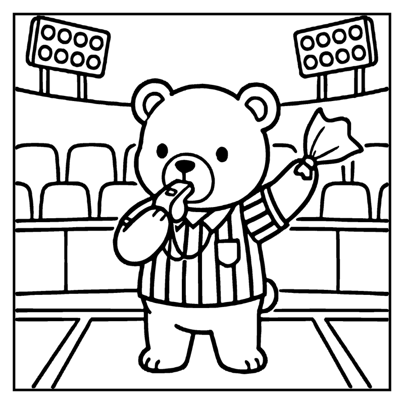 A teddy bear in a striped sweater is eating a cookie in a stadium with empty seats and bright lights, a football coloring page