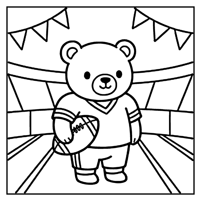 A teddy bear wearing a football jersey stands in a stadium, holding a football, with banners hanging above, a football coloring page