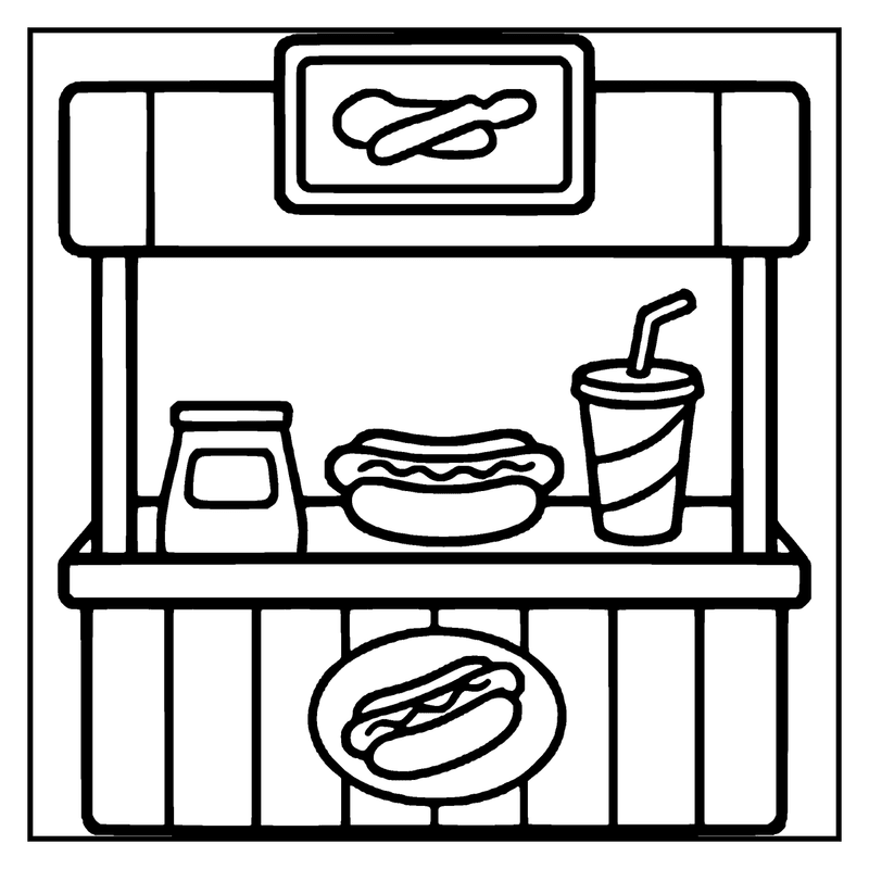 This drawing depicts a hot dog stand with a hot dog on a bun, a drink with a straw, and a jar of mustard, a football coloring page