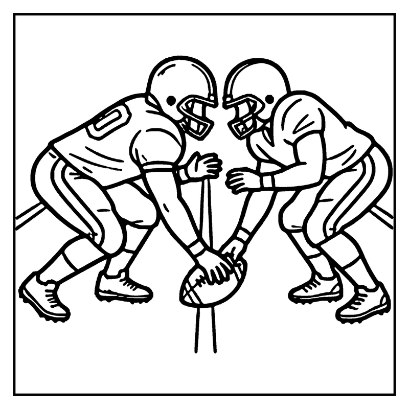 Two football players in a crouched stance, one holding a football, ready to tackle, a football coloring page