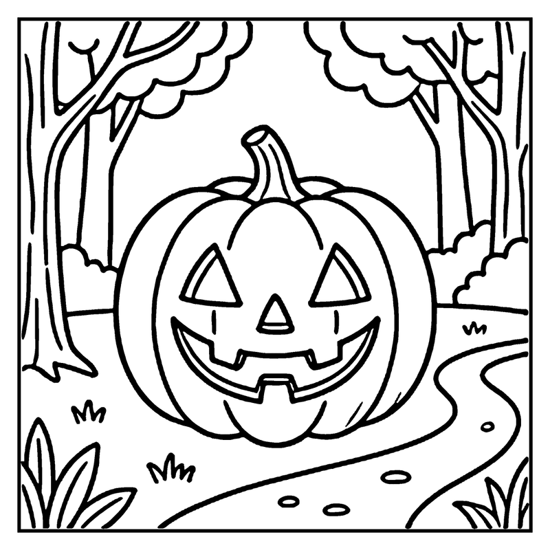 A carved pumpkin with a smiling face sits in a forest setting, surrounded by trees and grass