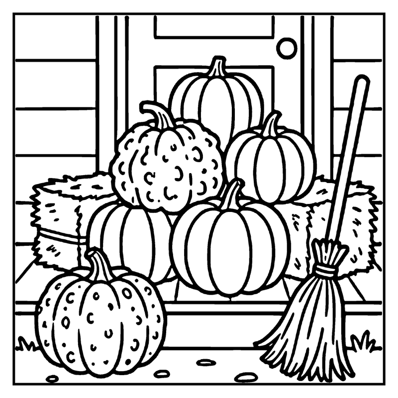 A children's coloring page shows pumpkins and hay bales on a wooden fence, a halloween coloring page