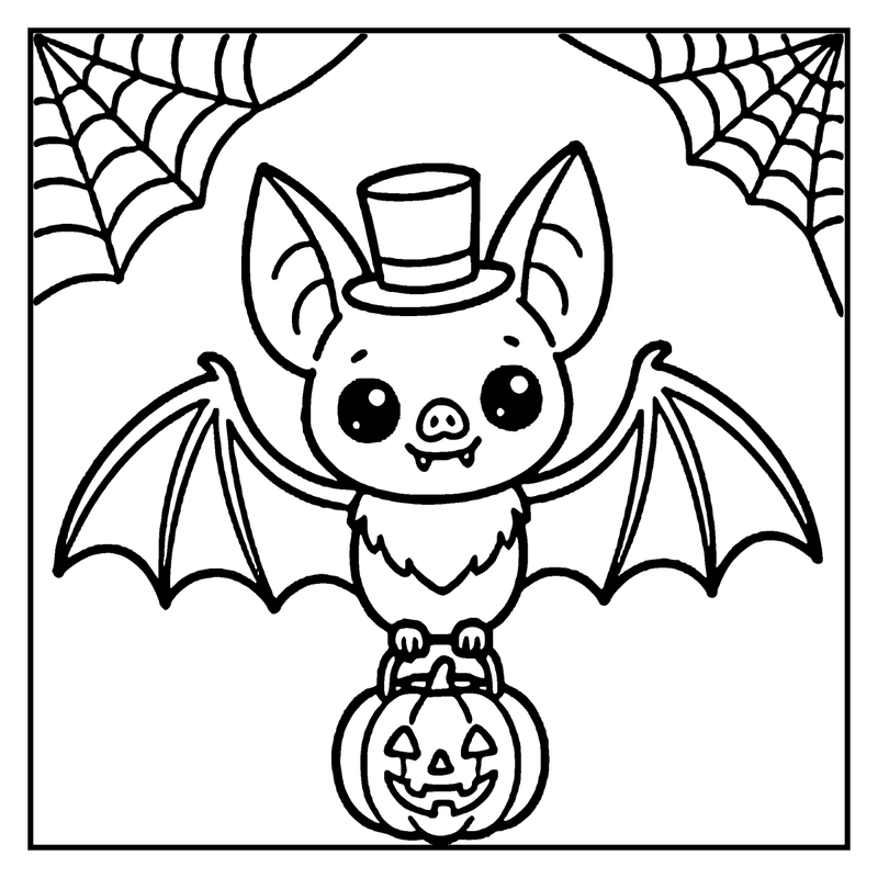 A cute bat wearing a top hat is holding a carved pumpkin, surrounded by spider webs