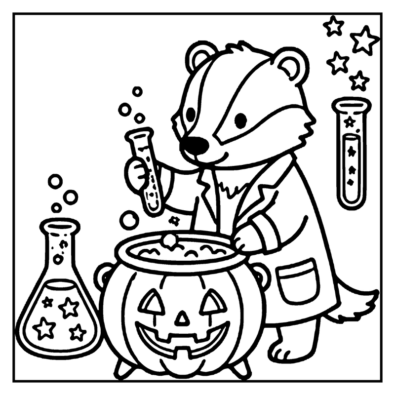 A cute bear in a lab coat is mixing potions in a Halloween pumpkin cauldron