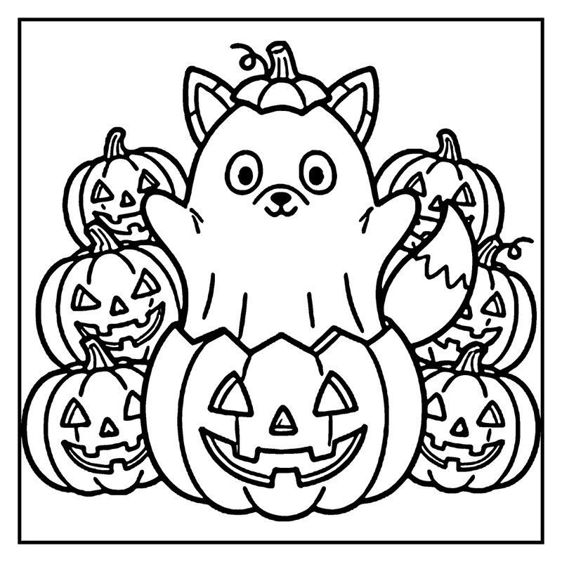A cute cat is surrounded by carved pumpkins, all in black and white, a halloween coloring page