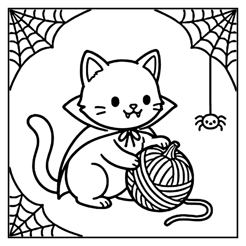 A cute cat wearing a witch's hat is holding a striped pumpkin, surrounded by spider webs and a spider
