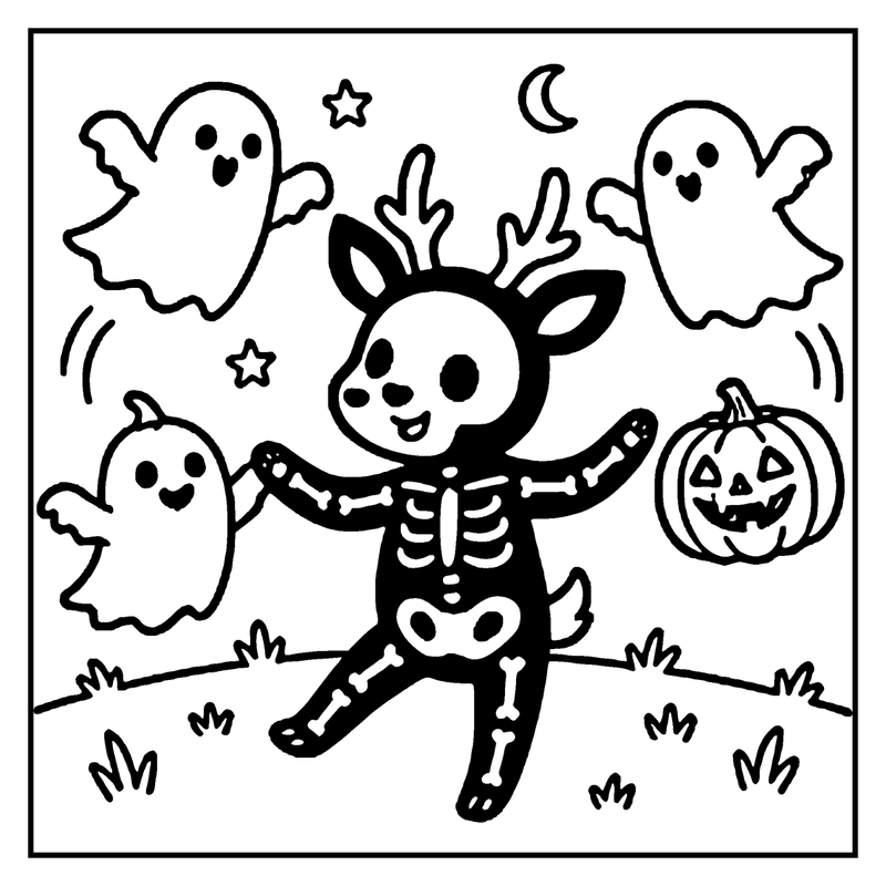 A cute deer in a skeleton costume is dancing with ghosts and pumpkins, a halloween coloring page