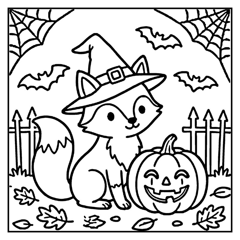 A cute fox wearing a witch hat is standing next to a carved pumpkin, surrounded by bats, leaves, and spider webs