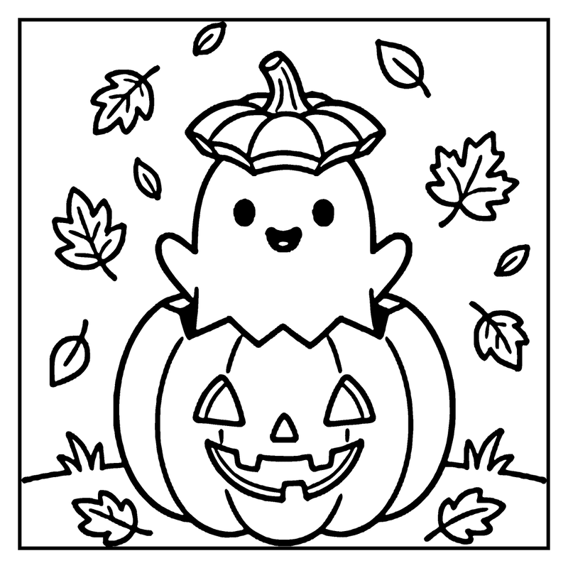 A cute ghost pumpkin is smiling, surrounded by falling leaves and grass