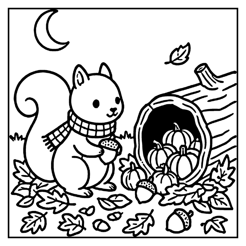 A cute squirrel wearing a scarf holds an acorn, standing next to a basket filled with pumpkins and acorns, surrounded by autumn leaves and a crescent moon in, a halloween coloring page