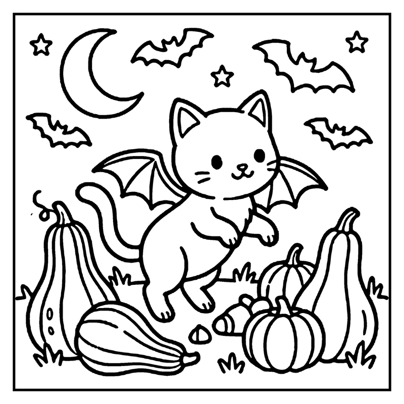 A cute vampire cat with bat wings stands among pumpkins and gourds, surrounded by bats and a crescent moon, a halloween coloring page