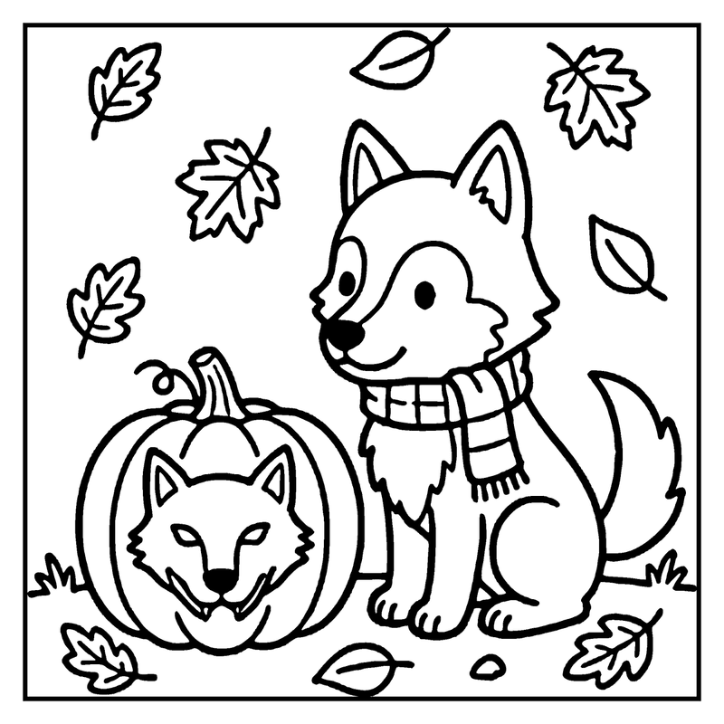A cute wolf wearing a scarf is next to a pumpkin with a wolf face, surrounded by falling leaves