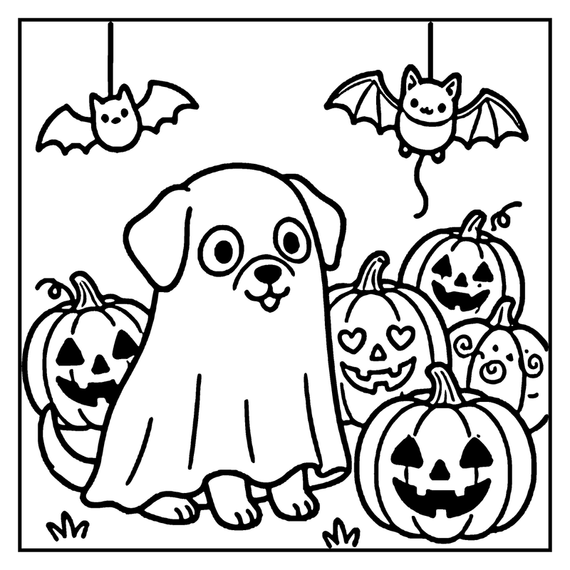 A dog in a ghost costume is pointing at pumpkins with bats flying above