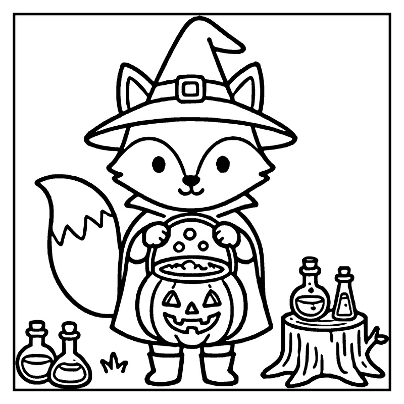 A fox dressed as a witch is holding a pumpkin, surrounded by potion bottles on a tree stump