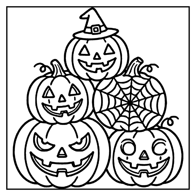 A group of pumpkins with carved faces and a spiderweb, all smiling, in a Halloween setting